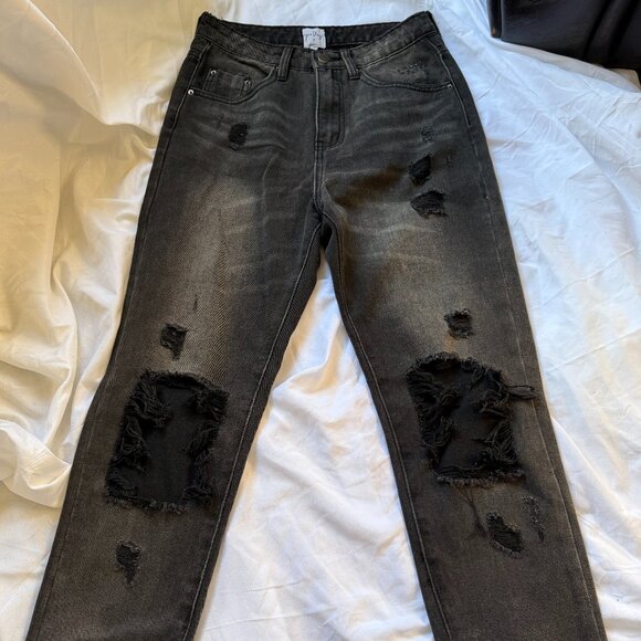 Oh Polly Black Ripped Denim Jeans w/ Ankle Zippers Size 24 - Picture 1 of 5